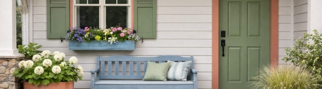 blue-porch-bench-against-white-siding-green-shutters